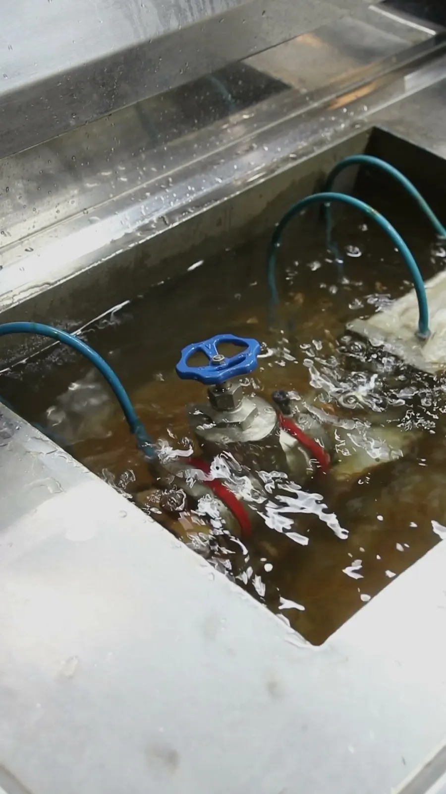 Registro submerso em tanque de teste de estanqueidade, com mangueiras de pressurização e bolhas visíveis na água